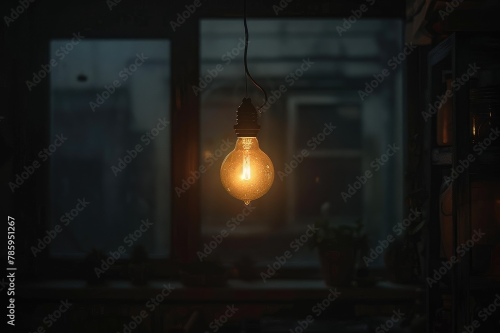 Light bulb hanging on the window in the dark