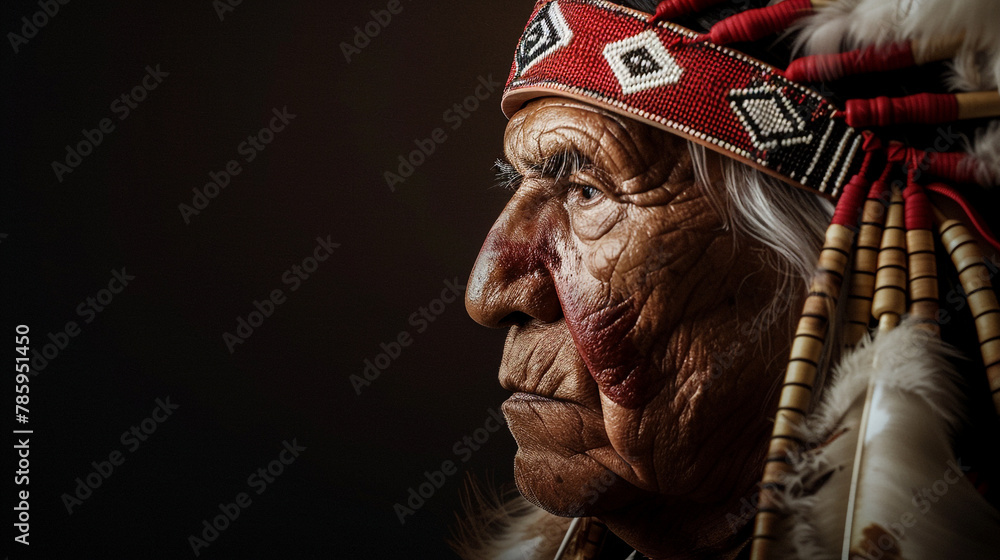 a side profile of this dignified chief. The image should convey seriousness and feature hard rim lighting High detailed,high resolution,realistic and high quality photo professional photography
