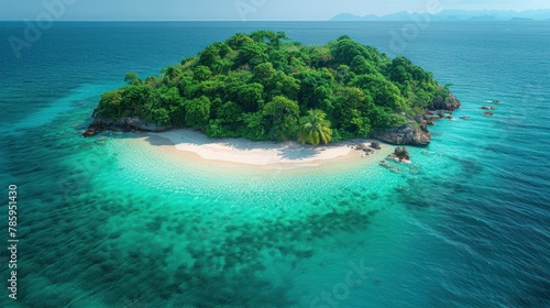 Embark on a visual journey above a secluded tropical gem: Drone-captured panoramas showcasing the ethereal charm of a crystal-clear island oasis photo