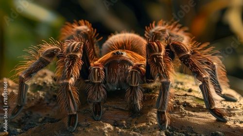 Detailed macro shot of tarantula in natural habitat, close up view of spider for nature enthusiasts