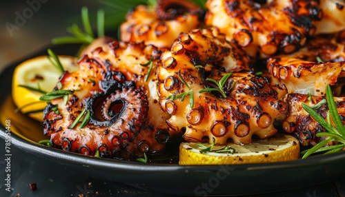 Juicy grilled octopus on stylish black plate classic mediterranean culinary delight