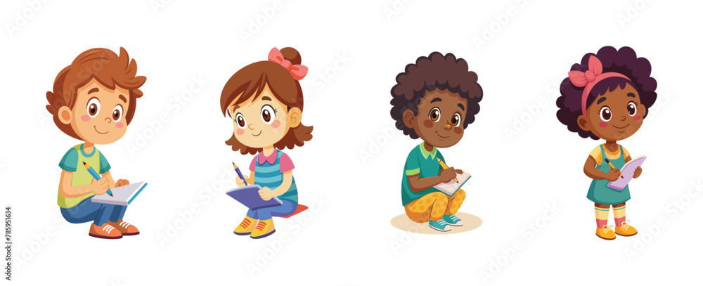 Children characters engaged in writing, vector cartoon illustration. Children characters engaged in writing, vector cartoon illustration.