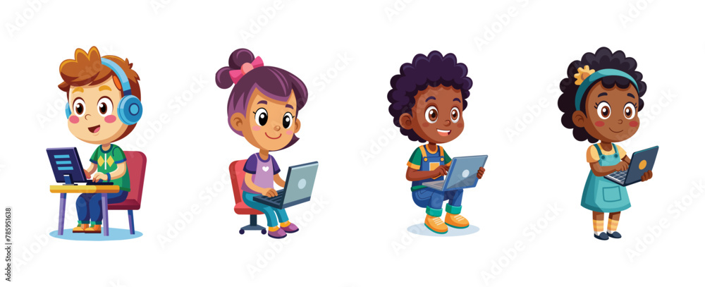 Cartoon children using laptops for education and fun, vector illustration. Cartoon children using laptops for education and fun, vector illustration.