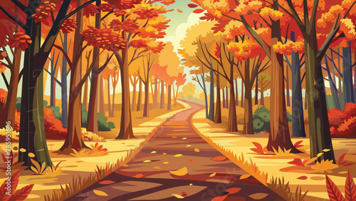 Autumnal forest path with colorful falling leaves, vector cartoon illustration.