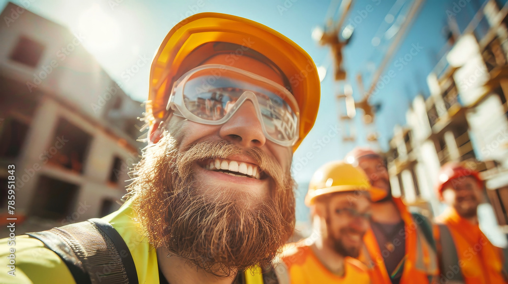 A group of cheerful construction workers, dressed in safety gear, preparing to work at the site A group of cheerful construction workers, dressed in safety gear, preparing to work at the site