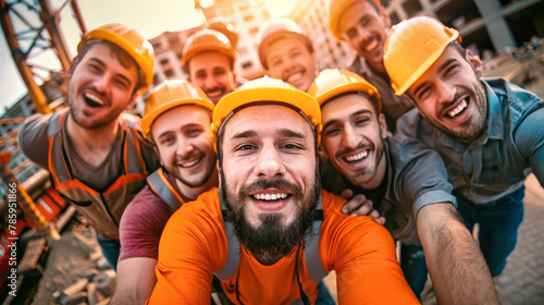 A group of cheerful construction workers standing in a row, beaming with joy and camaraderie as they pause from their workday © Anoo