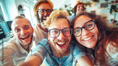 A group of funny, friendly, and happy managers posing together for a selfie, smiling and capturing a fun moment