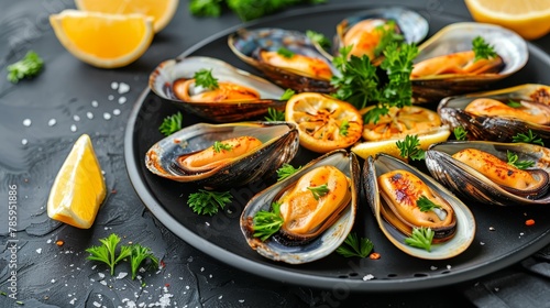 Grilled mussels on elegant black plate, traditional mediterranean dish served fresh and flavorful