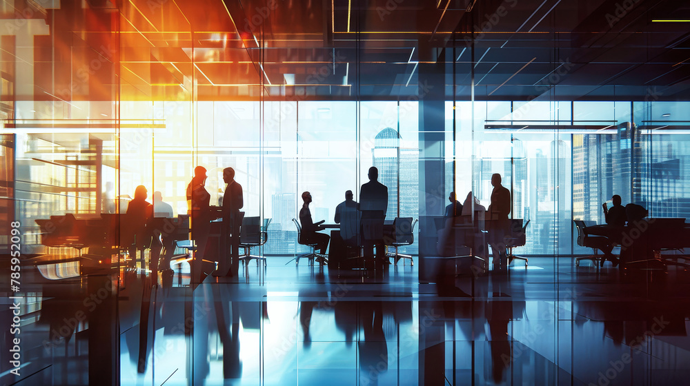 A diverse group of professionals engaged in a lively discussion during a management meeting at a conference table in the office