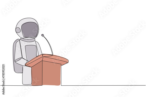 Single continuous line drawing young happy astronaut speaking at podium. Announced greatly improved business balance sheet. A fun speech for all parties. Orator. One line design vector illustration