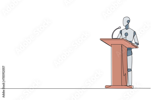 Continuous one line drawing inspirational robotic give speech at the podium. Convey tips for success in doing business by continuing to preserve nature. Single line draw design vector illustration