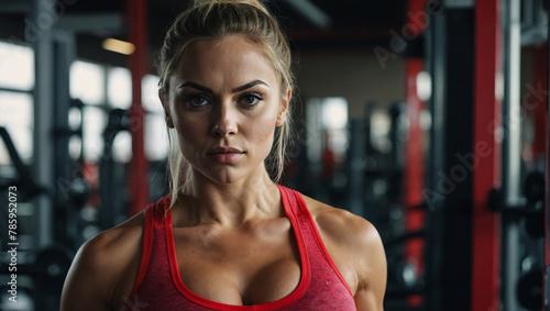 Beautiful healthy and fit young woman wearing gym clothes with a gym scene in the background