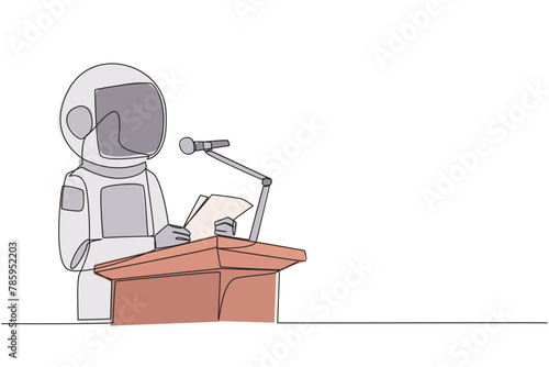 Single one line drawing astronaut speaking on the podium holding a piece of paper. Make welcoming speech. Astronaut has new business branch. Orator. Leader. Continuous line design graphic illustration