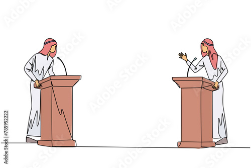 Single one line drawing two Arabian businessman arguing on podium. Throwing opinions on the best way to deal with global warming. Open dialogue. Debating. Continuous line design graphic illustration