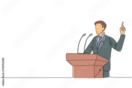 Continuous one line drawing young energetic businessman speaking at the podium while lifting index finger up. He made a favorable statement for the company. Single line draw design vector illustration