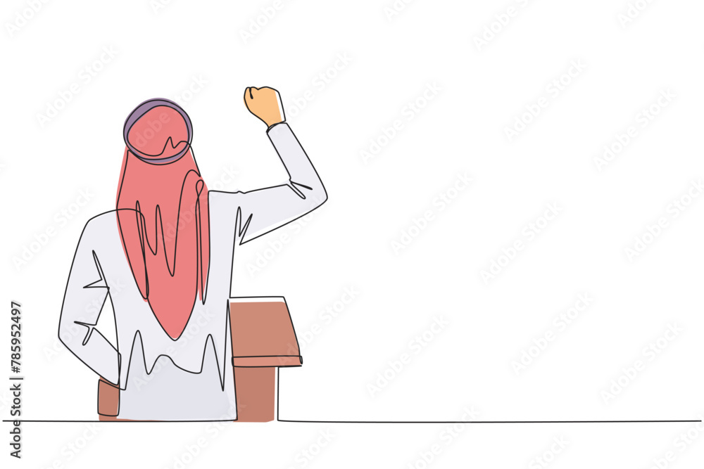 Continuous one line drawing rear view of Arab businessman speaking at podium. Raising and clenching hands, he enthusiastically gave financial gain oration. Single line draw design vector illustration Continuous one line drawing rear view of Arab businessman speaking at podium. Raising and clenching hands, he enthusiastically gave financial gain oration. Single line draw design vector illustration