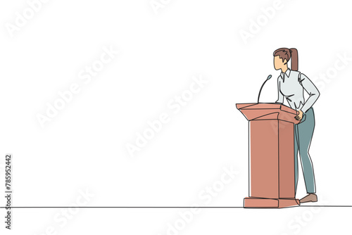 Single one line drawing young businesswoman speech standing behind the podium. Give oration that women can be more independent. Encourage through words. Continuous line design graphic illustration