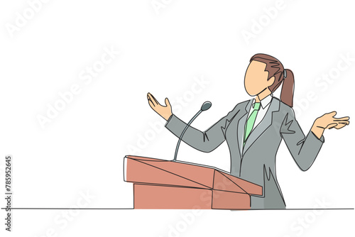 Continuous one line drawing young businesswoman speaking at podium while opening hands. Explain history of the company to become a multinational company. Single line draw design vector illustration