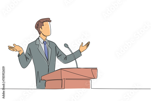 Single one line drawing young businessman speaking at the podium while opening hands. Explain the history of the company to become a multinational company. Continuous line design graphic illustration