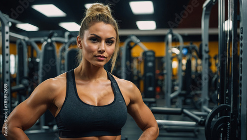 Beautiful healthy and fit young woman wearing gym clothes with a gym scene in the background