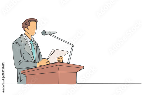 Single one line drawing businessman speaking on the podium holding a piece of paper. Make a welcoming speech. Entrepreneur has a new business branch. Happiness. Continuous line graphic illustration