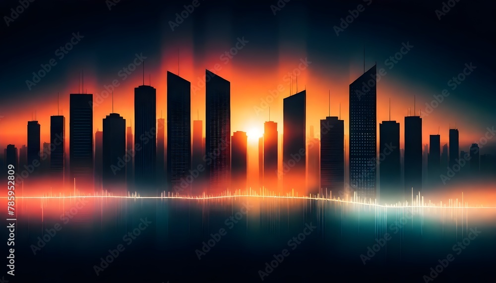 looking for future , Abstract glowing graph line over a cityscape at sunrise with high-rise buildings