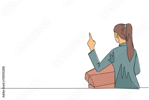 Continuous one line drawing from back view young businesswoman speak at podium while lifting index finger. Businesswoman in Conference Hall present new business. Single line draw vector illustration
