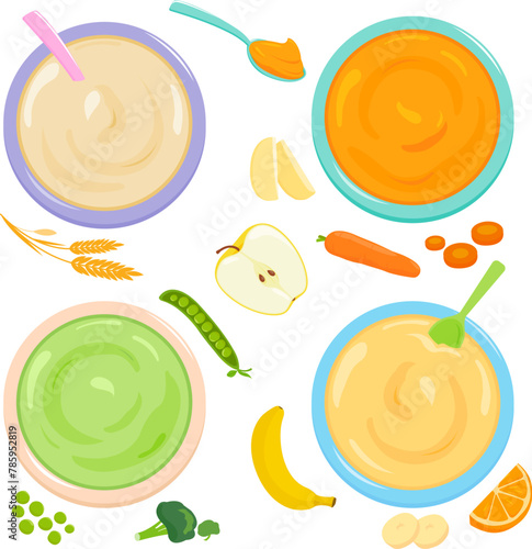 Bowls of baby and toddler food. Cereal, fruit and vegetable puree. Top view. Vector illustration collection