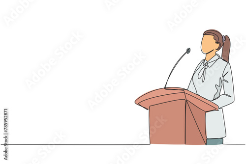 Konstfotografi Single one line drawing young happy businesswoman speaking at the podium