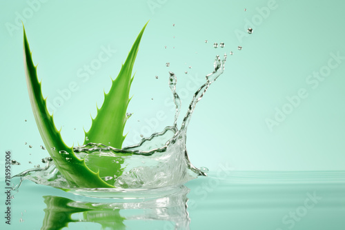 Aloe vera leaves in a splash of water, copy space.