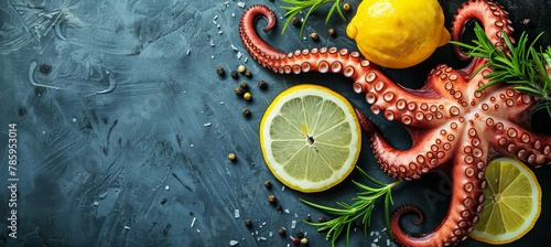 Succulent grilled octopus on black plate, classic mediterranean delicacy for food enthusiasts