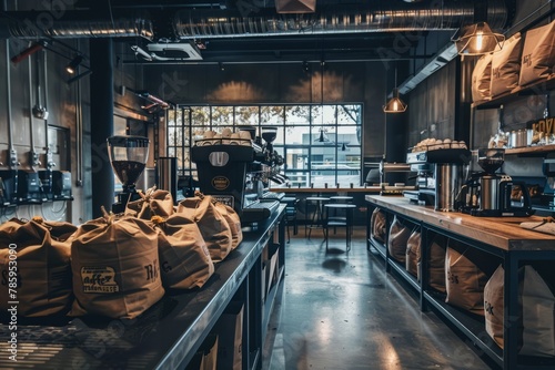 A modern urban roastery with gleaming espresso machines  bags of freshly roasted coffee beans  and an aroma of freshly ground coffee filling the air  Generative AI
