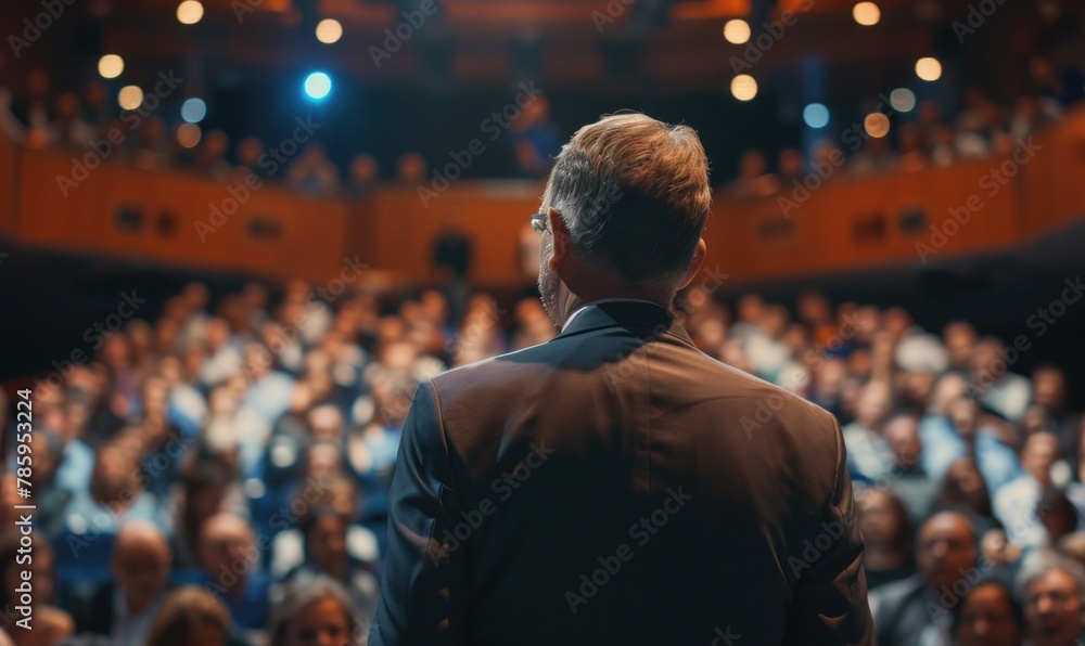 Speaker facing audience in a conference hall Speaker facing audience in a conference hall