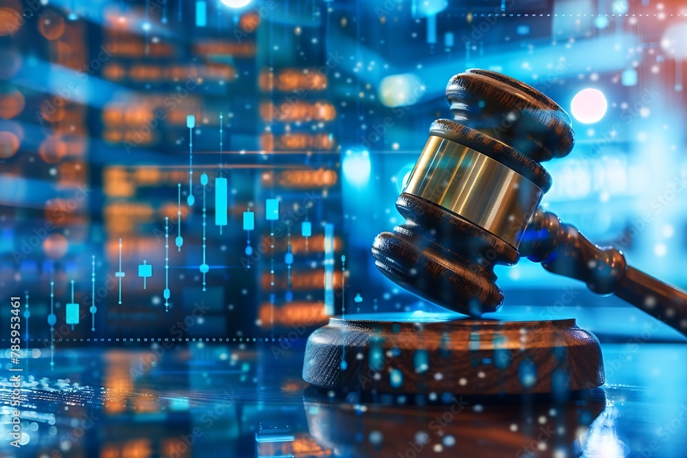 the themes of law and technology, featuring a judge's gavel in the foreground with a bokeh effect. the themes of law and technology, featuring a judge's gavel in the foreground with a bokeh effect.