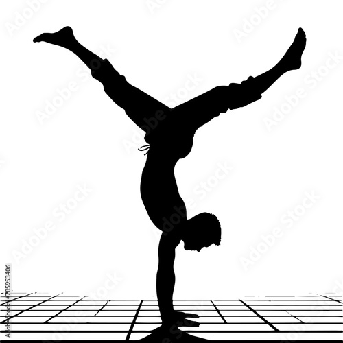 Gravity Defiance: Black Vector Silhouette of a Person Performing a Handstand, Exuding Balance and Strength-  Handstand person vector stock.