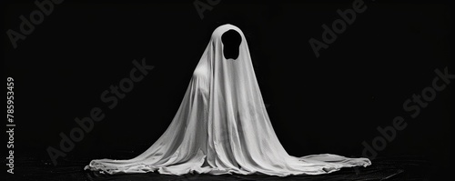 A ghostly figure stands draped in a sheer white fabric amidst swirling smoke, signifying mystery or horror