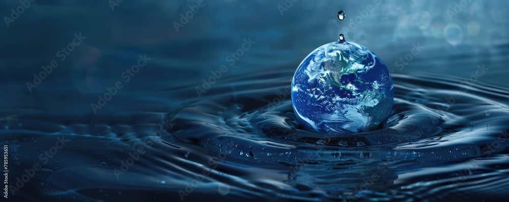 water droplet with the Earth's reflection symbolizes environmental conservation and purity. copy space for text. water droplet with the Earth's reflection symbolizes environmental conservation and purity. copy space for text.