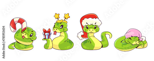 Cute snake cartoon character for 2025 New Year mascot. Comic vector serpent with tongue in Christmas hat and with caramel, in star party headband with gift box on tail, tired sleeping in pink cap.