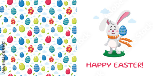 Postcard template with Easter rabbit holding Ester egg. Vector illustration of bunny and seamless pattern with Easter eggs. Happy Easter concept. Cartoon style