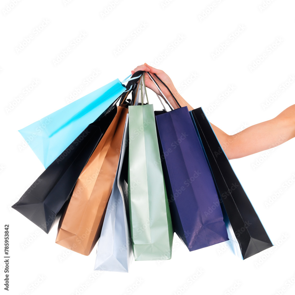 Customer, closeup and shopping with bags for fashion, clothes and shoes in studio. Female person, holding and style for designer, retail and sale on isolated white background with mockup in store