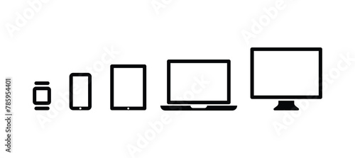 Devices line icons set: Smartphone, Desktop Computer, Tablet, Laptop, Watch / lock. Simple flat outline signs. Stock vector stock illustration