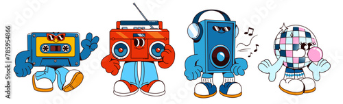 Retro music character for party illustration. Cartoon cute disco ball, radio and cassette dance element. 90s vintage fun groovy style mascot. Comic rave loudspeaker invite to show event in pub set