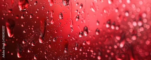 red surface with water droplets, reflecting light, banner, copy space for text.