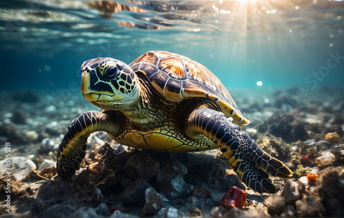 A turtle swimming in the ocean on a sunny day © Design_Stock