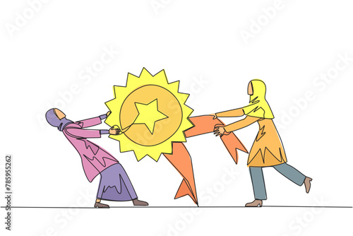 Single continuous line drawing two Arabian businesswoman fighting over medal award. Both feel worthy of award. Businesswoman versus businesswoman. Conflict. Rival. One line design vector illustration