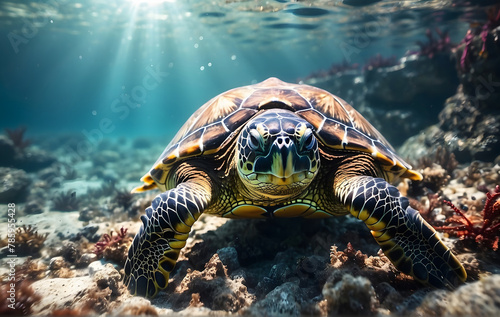 A turtle swimming in the ocean on a sunny day