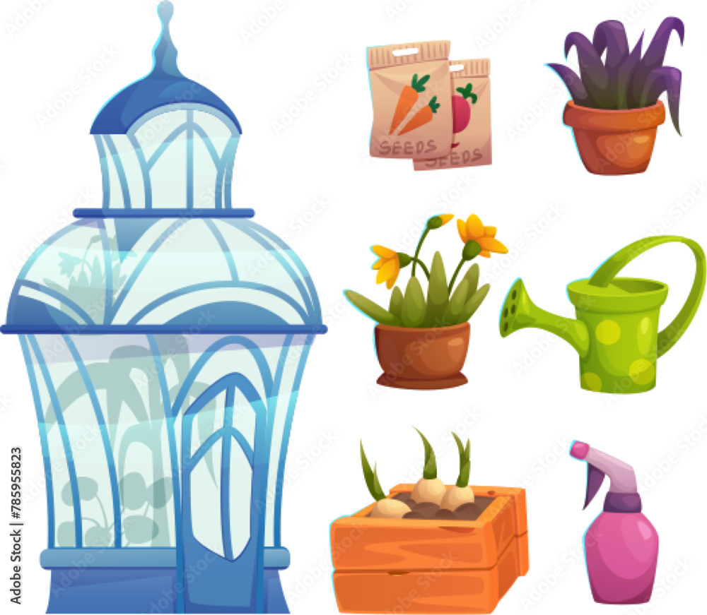 Glass greenhouse garden and flower nursery vector. Isometric green house farm for vegetable seedling in pot. Smart farming and cultivation technology. Plantation equipment design concept cartoon set - obrazy, fototapety, plakaty 
