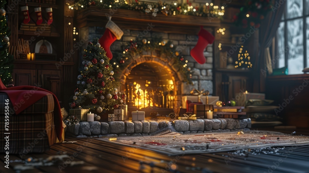 A cozy living room with a crackling fireplace, adorned with stockings hung by the chimney with care, ready for the holiday season. 8k, realistic, full ultra HD, high resolution, and cinematic