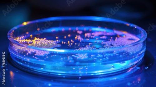 Petri dish with bacterial colonies growing. photo