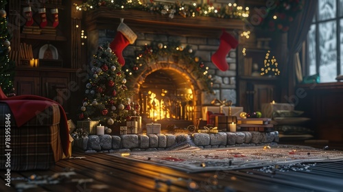 A cozy living room with a crackling fireplace, adorned with stockings hung by the chimney with care, ready for the holiday season. 8k, realistic, full ultra HD, high resolution, and cinematic © Amer